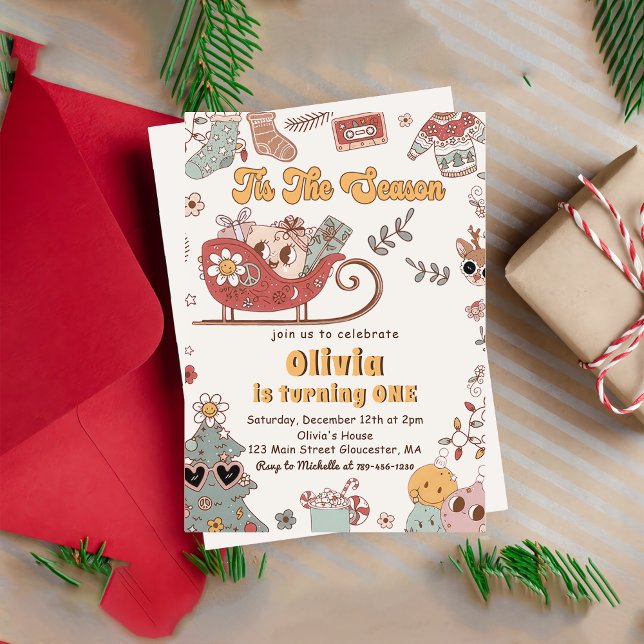 Winter Christmas Holiday Retro Groovy Birthday  Invitation (Creator Uploaded)