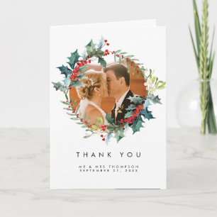 winter christmas holly thank you photo card