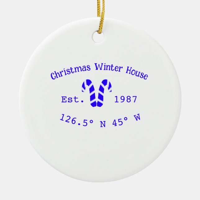 Winter Christmas house blue candy canes est. Year  Ceramic Tree Decoration (Front)