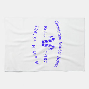 Winter Christmas house blue candy canes est. Year Tea Towel