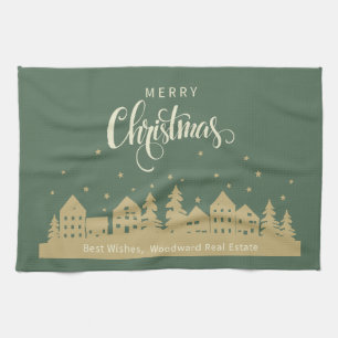 Winter Christmas Houses   Real Estate Customised  Tea Towel