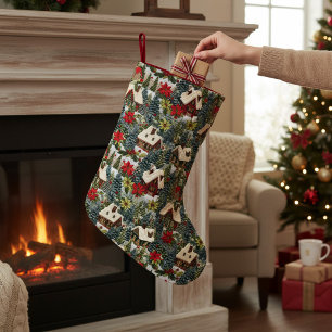Winter Christmas Houses Trees Faux Embroidery Small Christmas Stocking
