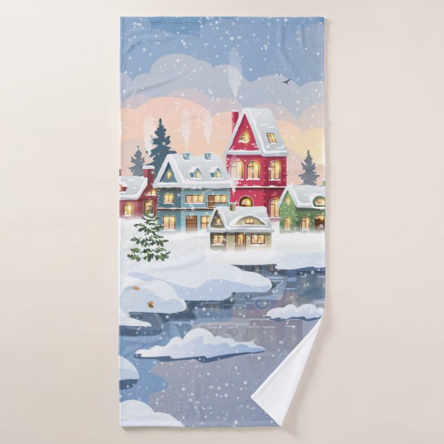 Winter Christmas landscape with snow-covered house Bath Towel (Bath Towel)