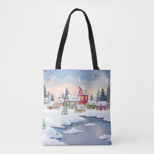 Winter Christmas landscape with snow-covered house Tote Bag