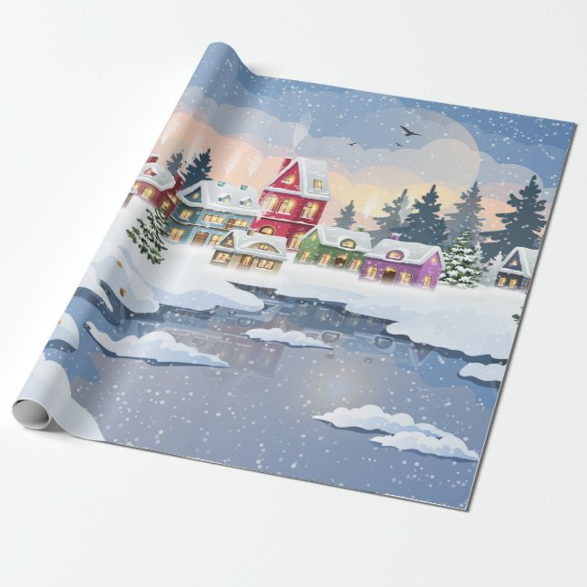 Winter Christmas landscape with snow-covered house Wrapping Paper (Unrolled)