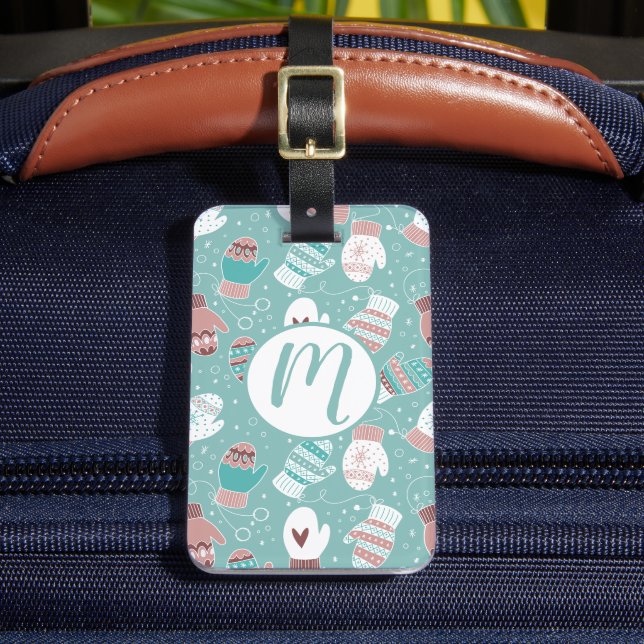 Winter Christmas Mittens Pattern in Mint Luggage Tag (Front Insitu 2)