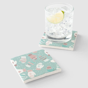 Winter Christmas Mittens Pattern in Mint Stone Coaster