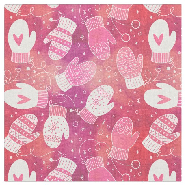 Winter Christmas Mittens Pattern in Pink Fabric (Close Up)