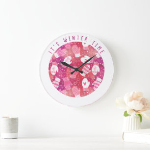 Winter Christmas Mittens Pattern in Pink Large Clock