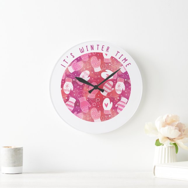 Winter Christmas Mittens Pattern in Pink Large Clock (Home)