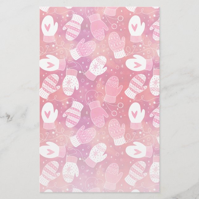 Winter Christmas Mittens Pattern in Pink Stationery (Front)