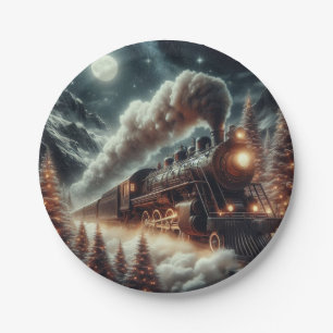 Winter/Christmas night train Paper Plate