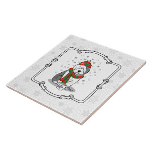 Winter Christmas Old English Sheepdog Grey 1 Cute Tile