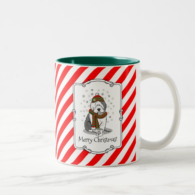 Winter Christmas Old English Sheepdog Grey 1 Cute Two-Tone Coffee Mug (Right)