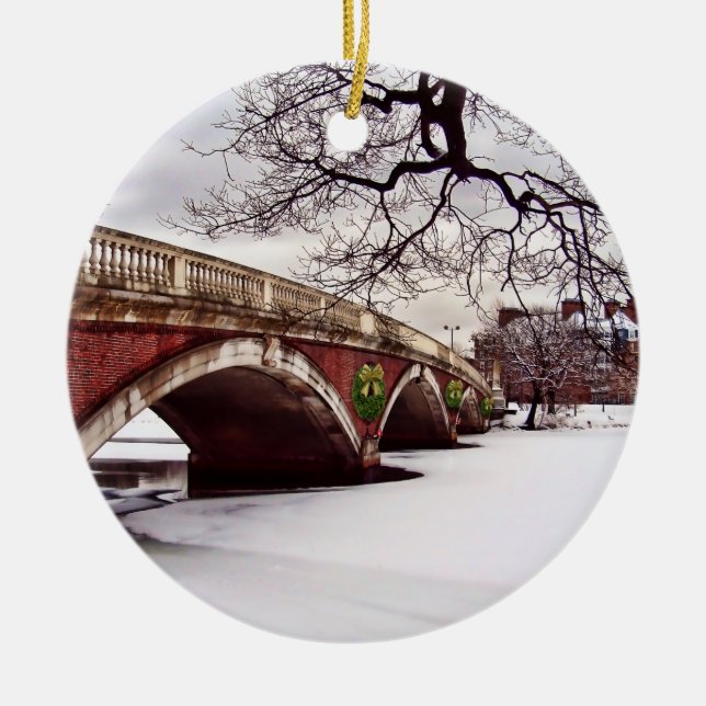 Winter Christmas on the Charles River Boston Ceramic Tree Decoration (Front)