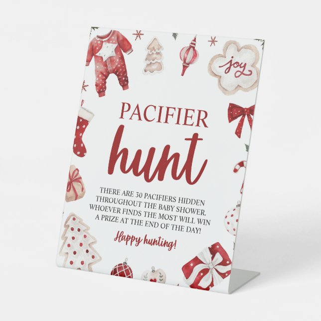 Winter Christmas Pacifier Hunt Baby Shower Game Pedestal Sign (Front)