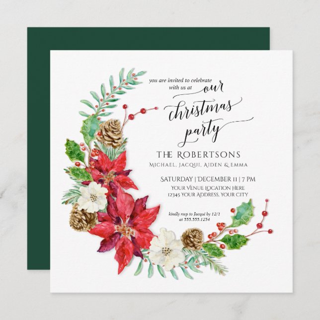 Winter Christmas Party Crescent Wreath | Square Invitation (Front/Back)