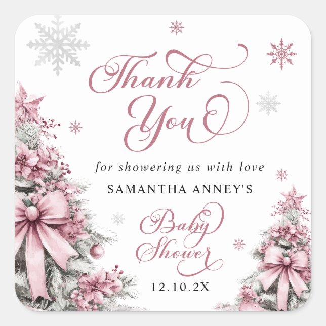 Winter Christmas  Pink Baby Shower Thank You Square Sticker (Front)