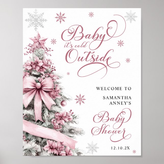 Winter Christmas Pink Baby Shower Welcome Sign (Front)