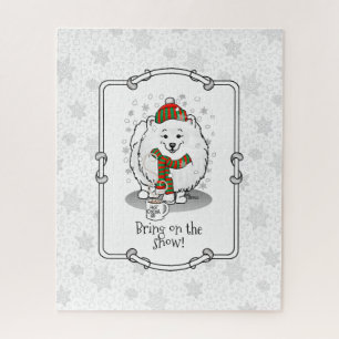 Winter Christmas Pomeranian (white) Dog Cute Snow Jigsaw Puzzle