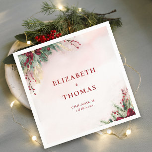 Winter Christmas Red Berries Watercolor Greenery Napkin