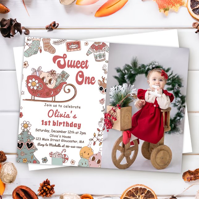 Winter Christmas Retro Sweet One 1st Birthday  Invitation (Creator Uploaded)