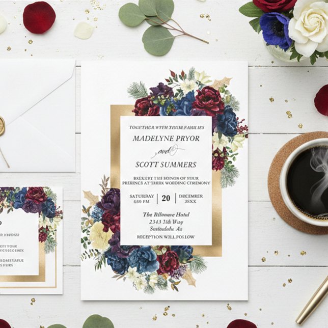 Winter Christmas Rose Floral Wedding Watercolor In Invitation (Creator Uploaded)