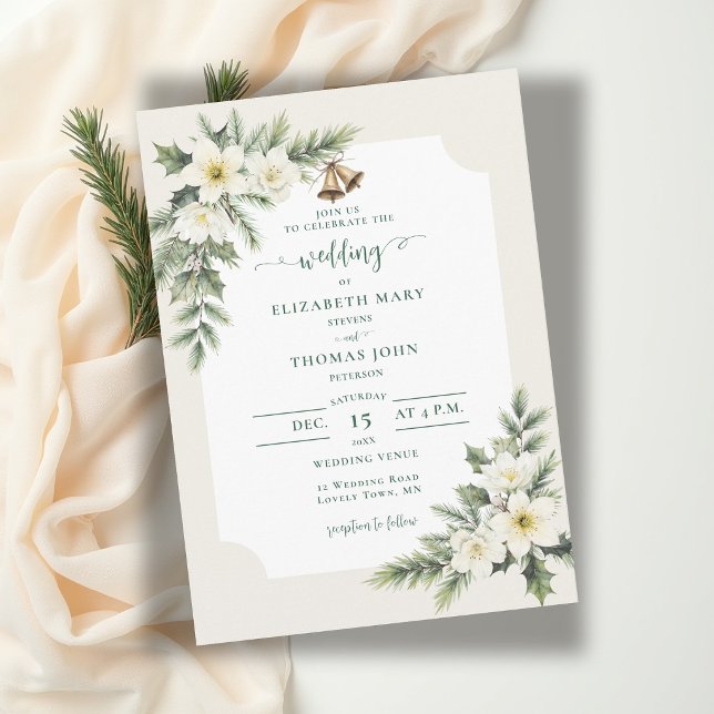 Winter Christmas Roses Greenery Rustic Wedding Invitation (winter wedding invitation christmas roses bells elegant rustic frame muted green botanical floral)