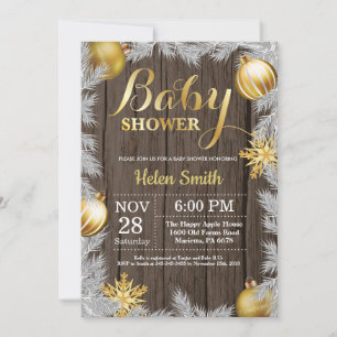 Winter Christmas Rustic Gold Baby Shower Invitation
