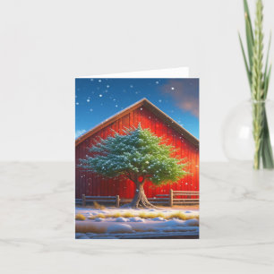 Winter Christmas Scene With Red Barn Holiday Card