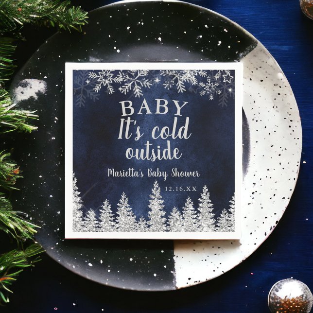 Winter Christmas silver snow pine navy baby shower Napkin (Winter Christmas silver snow pine navy baby shower Napkins)
