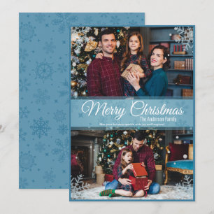 Winter Christmas Snowflakes Blue Frame 2 Photo Holiday Card