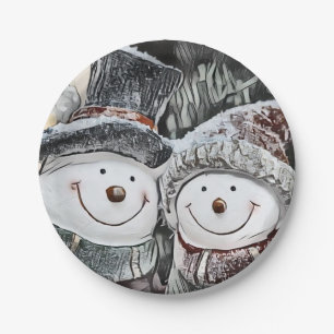 Winter, Christmas Snowman and Snow woman drawing Paper Plate