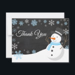 Winter Christmas Snowman Blue Thank You Card<br><div class="desc">Winter Christmas Snowman Snowflake Blue Thank You Card. Blue Snowman. Chalkboard Background. Black and White. Blue Snowflake. Love and Thanks, beautiful script font. Add your message on back or leave blank and hand write. For further customisation, please click the "Customise it" button and use our design tool to modify this...</div>