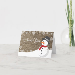 Winter Christmas Snowman Burlap Thank You Card