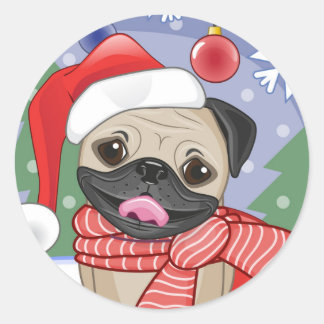 Winter & Christmas Time Pug Classic Round Sticker