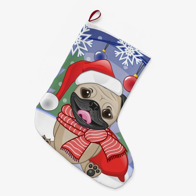 Winter & Christmas Time Pug Large Christmas Stocking (Front (Hanging))