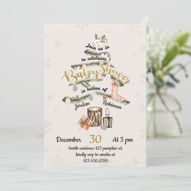Winter Christmas Tree Baby Shower Invitation (Standing Front)
