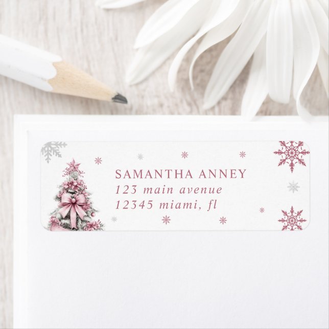 Winter Christmas Tree Pink Bow Return Address (Insitu)
