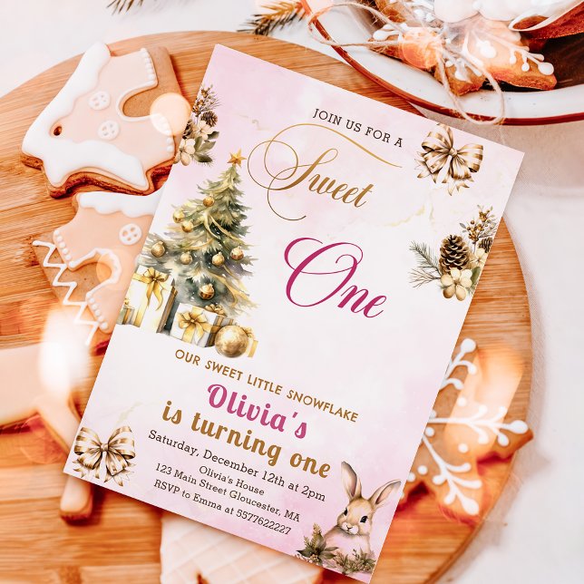 Winter Christmas Tree Pink Sweet One Birthday  Invitation (Creator Uploaded)