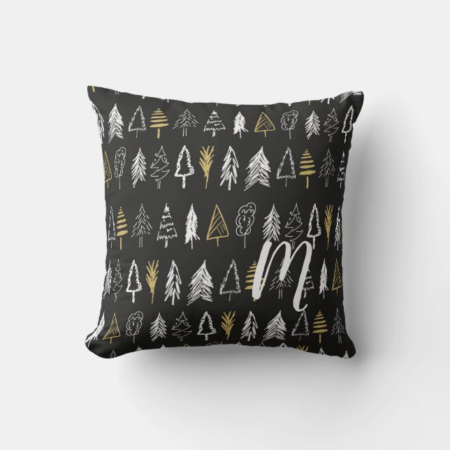 Winter Christmas Trees - Black & Gold -  Monogram Cushion (Front)