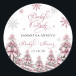Winter Christmas Trees Snowflakes Pink Baby Shower Classic Round Sticker<br><div class="desc">Show your gratitude in style with the Winter Christmas Tree Snowflakes Pink Baby Shower Thank You Square Sticker. Featuring a lovely pink background adorned with elegant Christmas trees and delicate snowflakes, this sticker beautifully captures the essence of a cosy winter celebration. Perfect for sealing thank-you notes, gift bags, or party...</div>