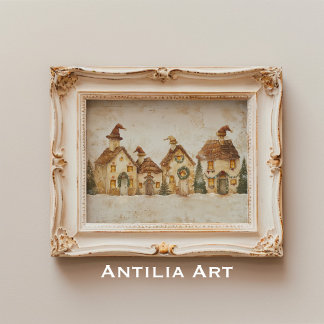 Winter Christmas Village Painting Whimsical Xmas Poster