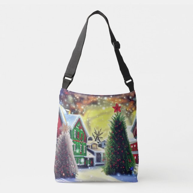 Winter Christmas Village Scene Crossbody Bag (Front)