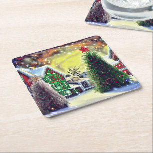 Winter Christmas Village Scene Square Paper Coaster