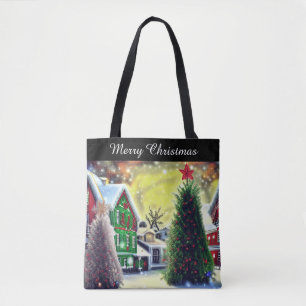 Winter Christmas Village Scene With Text Tote Bag