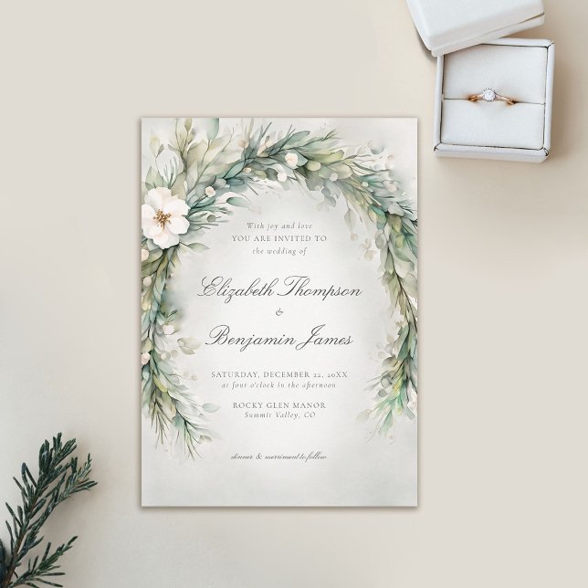 Winter Christmas Watercolor Elegant Boho Wedding Invitation (winter wedding invitation christmas dreamy watercolor greenery botanical floral frame elegant boho)