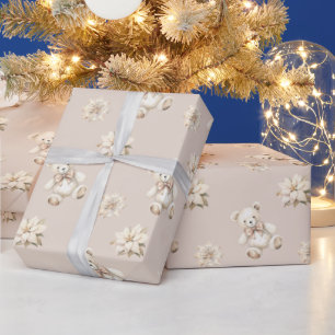 Winter Christmas Watercolor Teddy Bear Baby Shower Wrapping Paper