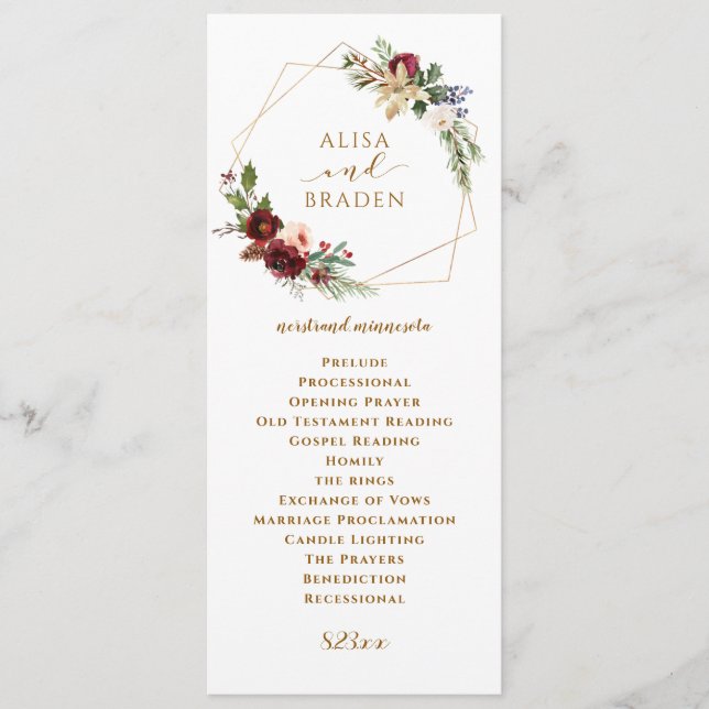 Winter Christmas Wedding Burgundy Watercolor Boho Programme (Front)