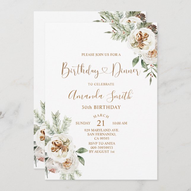 Winter Christmas White Floral Birthday 30th Dinner Invitation (Front/Back)